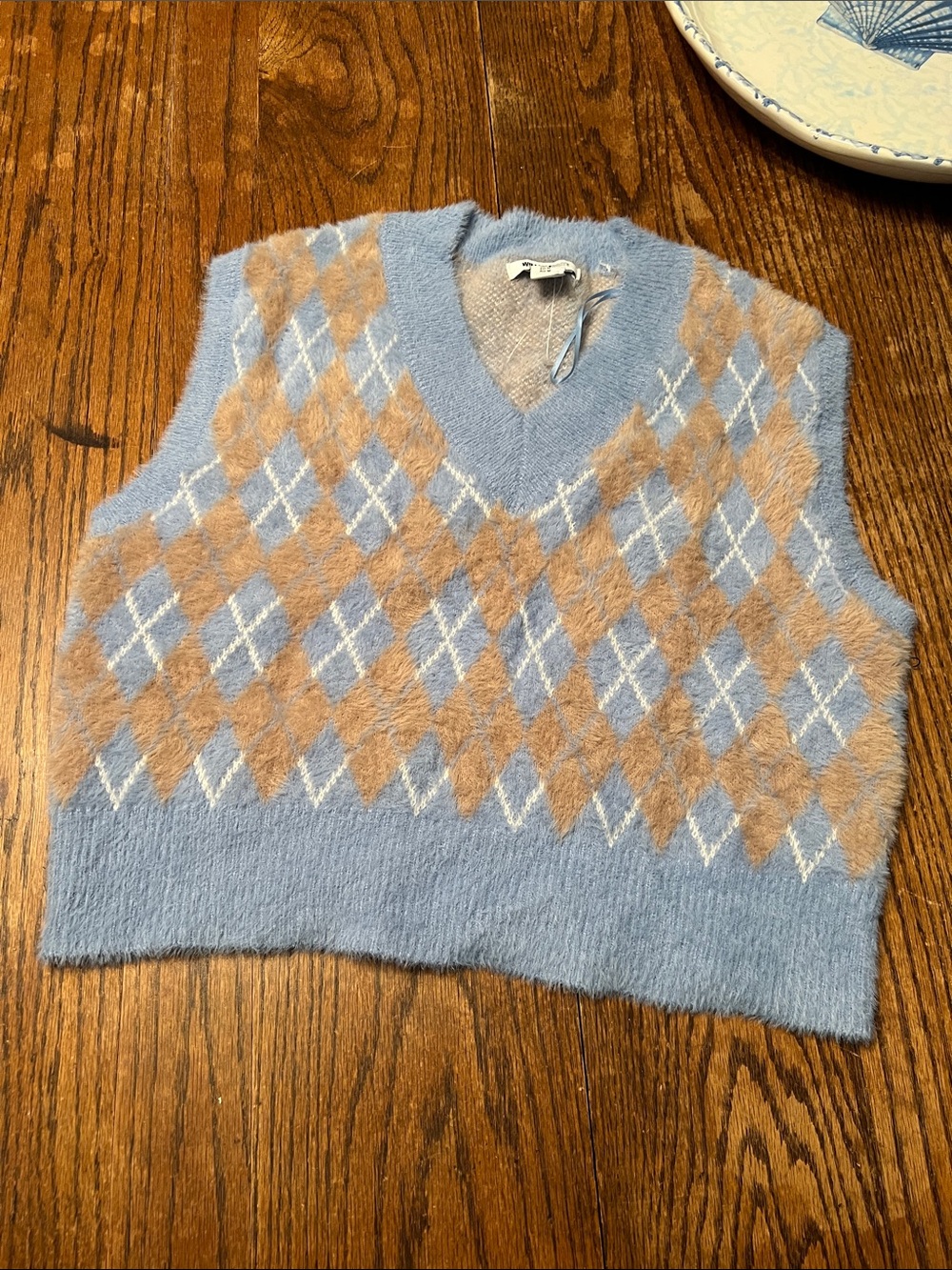 William Rast Blue and Tan Argyle Fuzzy V-Neck Sweater Vest